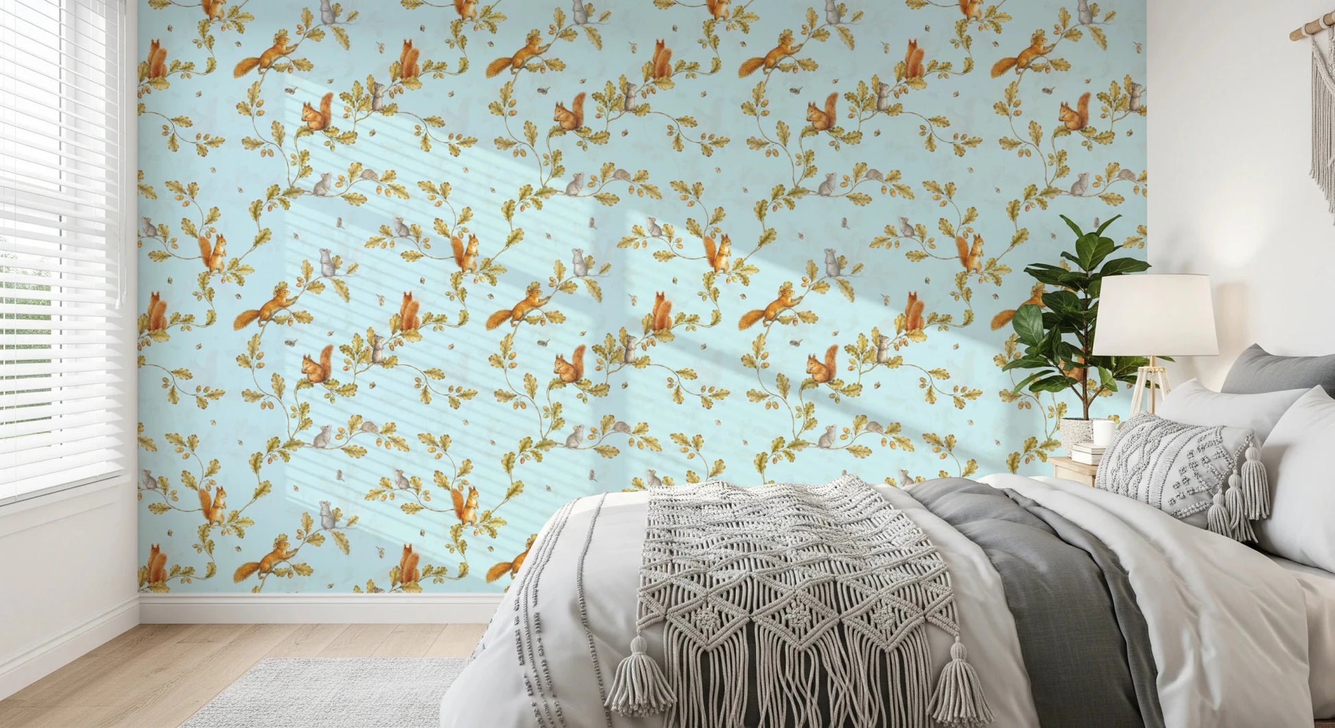 18th Rococo Forest Chinoiserie with Squirrels and Mice on Oak Tree Branches Blue Wallpaper⁠