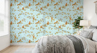 18th Rococo Forest Chinoiserie with Squirrels and Mice on Oak Tree Branches Blue Wallpaper⁠