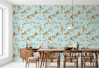 18th Rococo Forest Chinoiserie with Squirrels and Mice on Oak Tree Branches Blue Wallpaper⁠