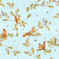 18th Rococo Forest Chinoiserie with Squirrels and Mice on Oak Tree Branches Blue Wallpaper⁠