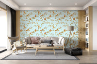 18th Rococo Forest Chinoiserie with Squirrels and Mice on Oak Tree Branches Blue Wallpaper⁠