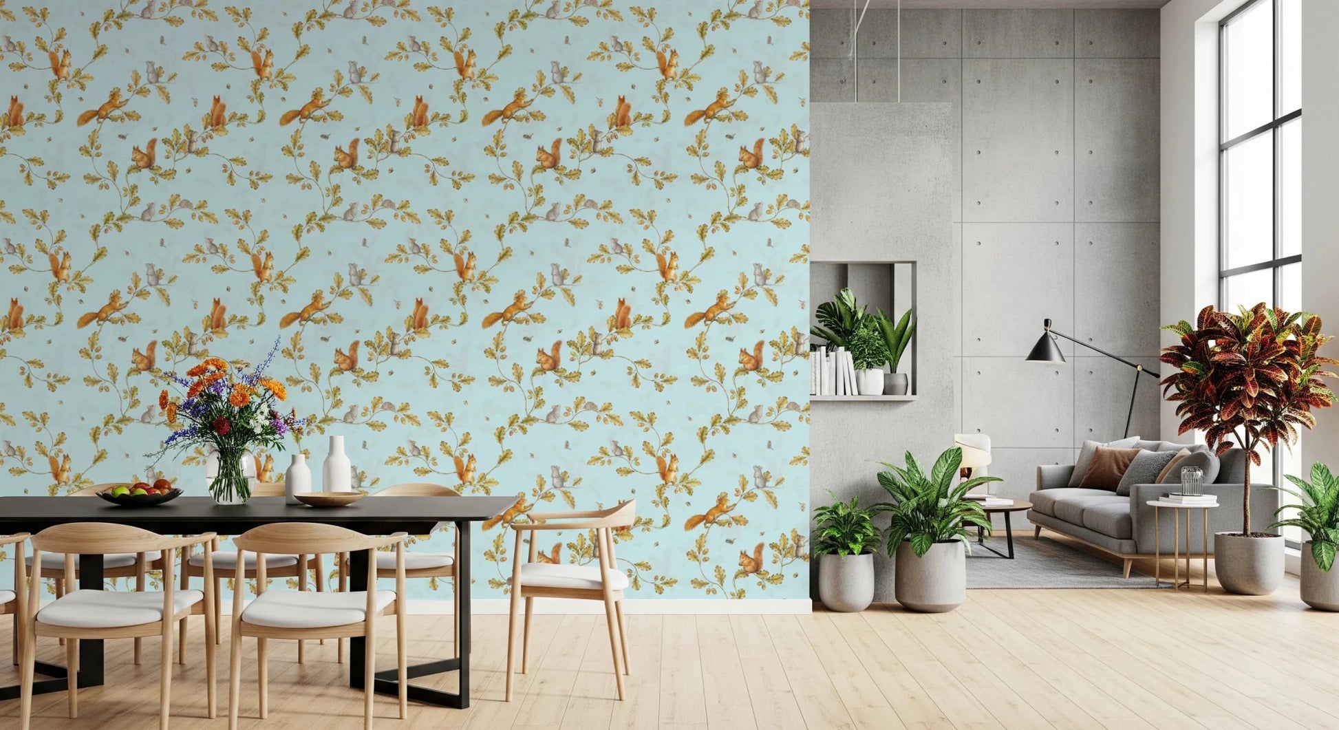 18th Rococo Forest Chinoiserie with Squirrels and Mice on Oak Tree Branches Blue Wallpaper⁠