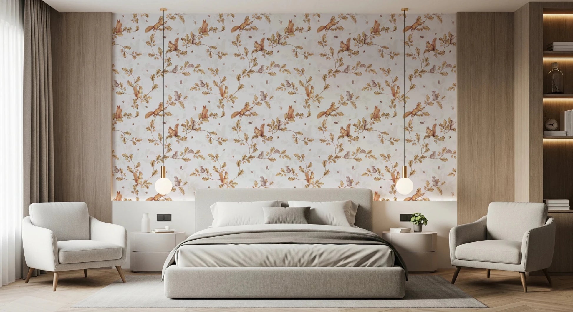 18th Rococo Forest Chinoiserie with Squirrels and Mice on Oak Tree Branches off white Wallpaper⁠
