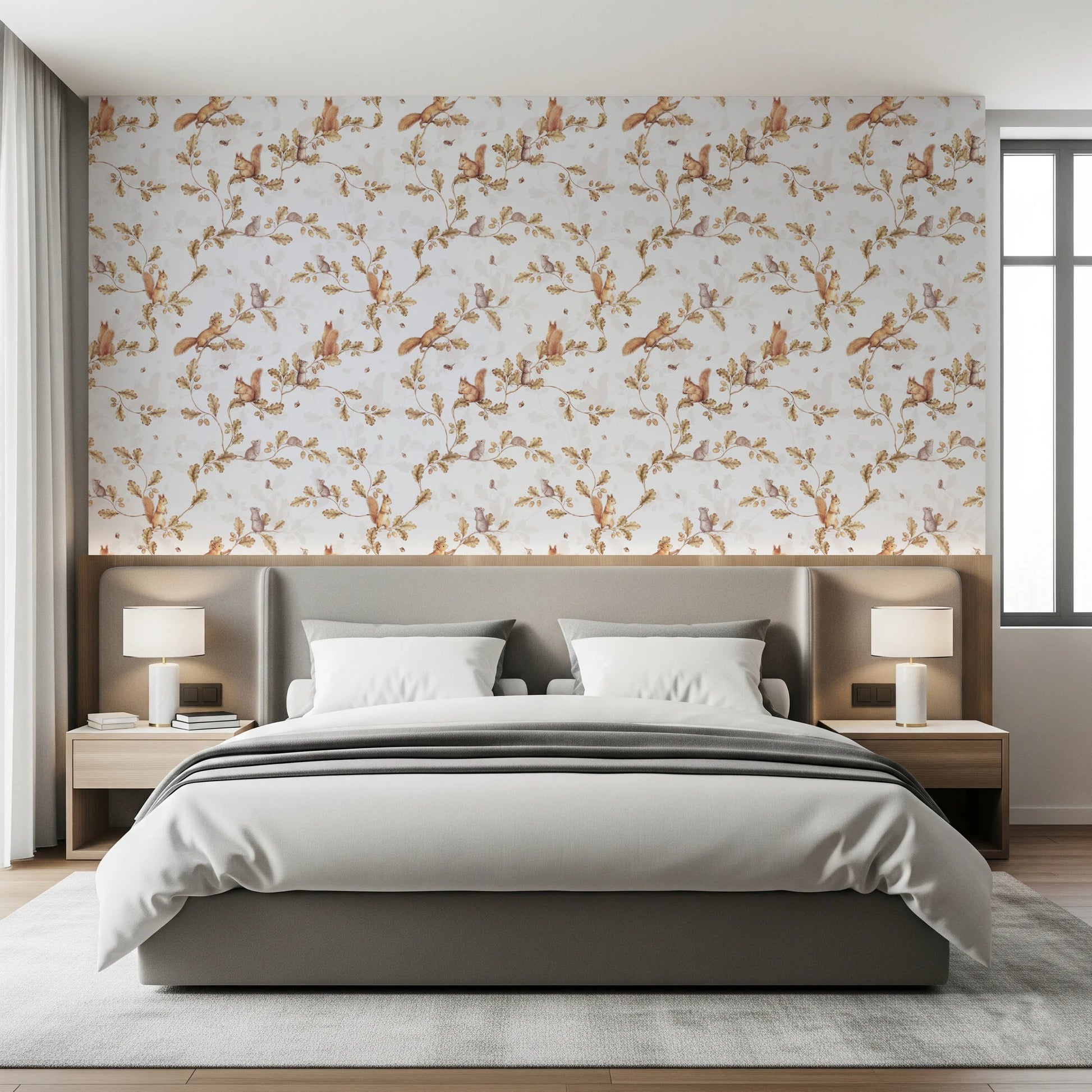 18th Rococo Forest Chinoiserie with Squirrels and Mice on Oak Tree Branches off white Wallpaper⁠