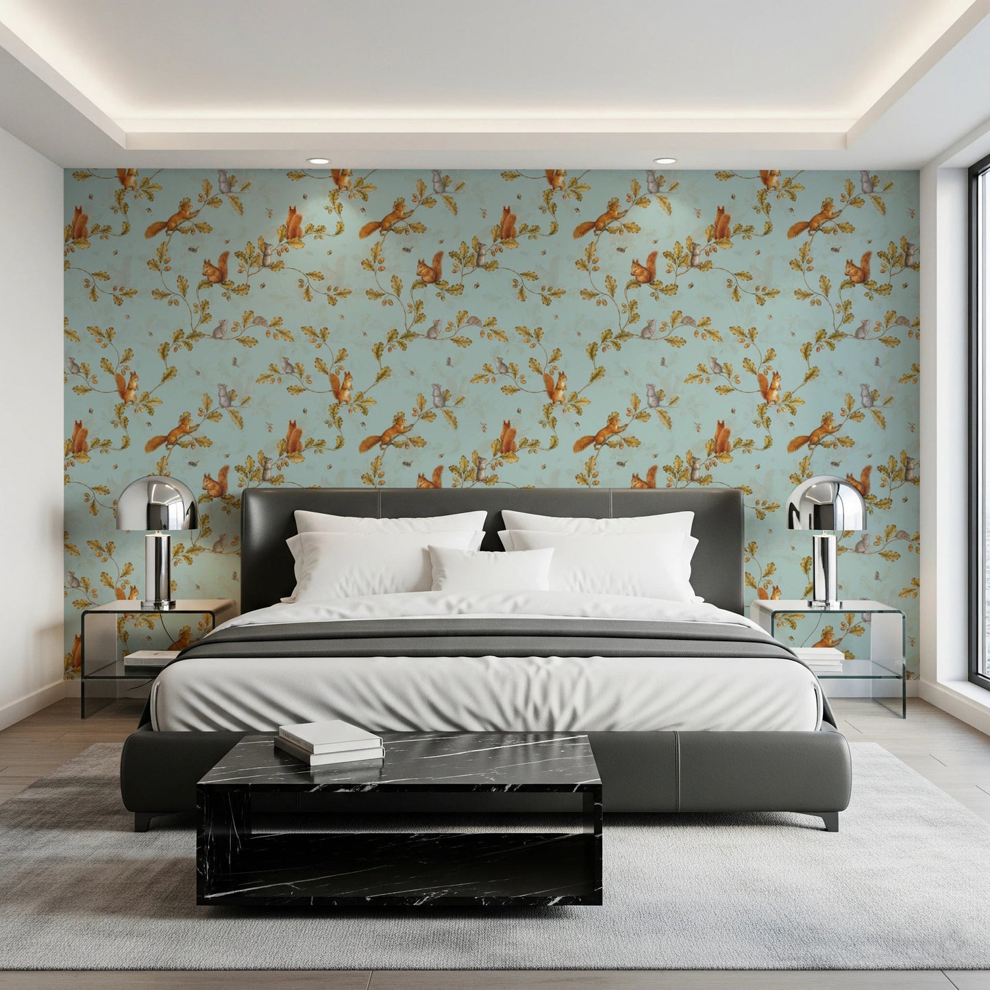 18th Rococo Forest Chinoiserie with Squirrels and Mice on Oak Tree Branches teal Wallpaper⁠