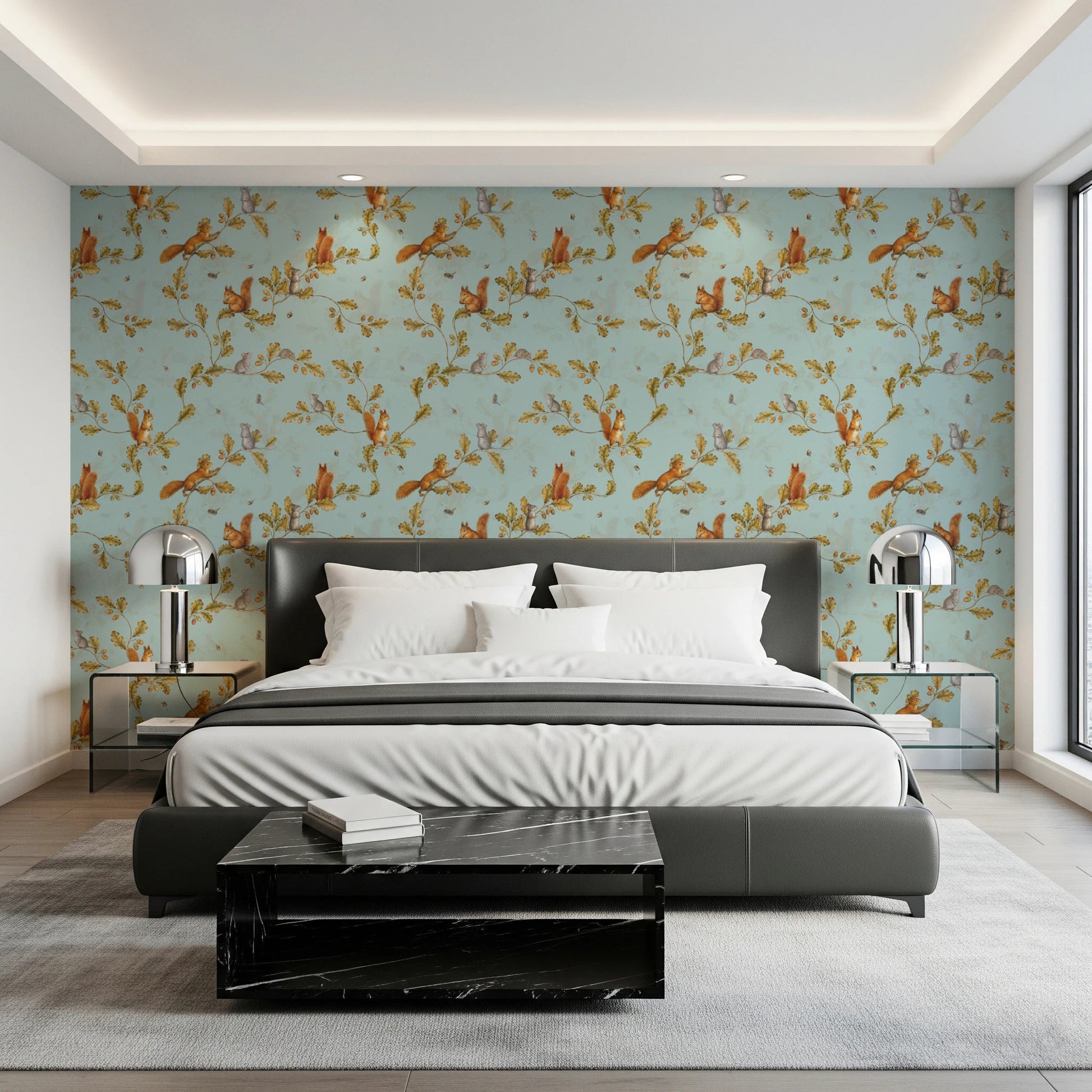 18th Rococo Forest Chinoiserie with Squirrels and Mice on Oak Tree Branches teal Wallpaper⁠
