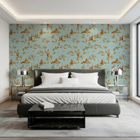 18th Rococo Forest Chinoiserie with Squirrels and Mice on Oak Tree Branches teal Wallpaper⁠