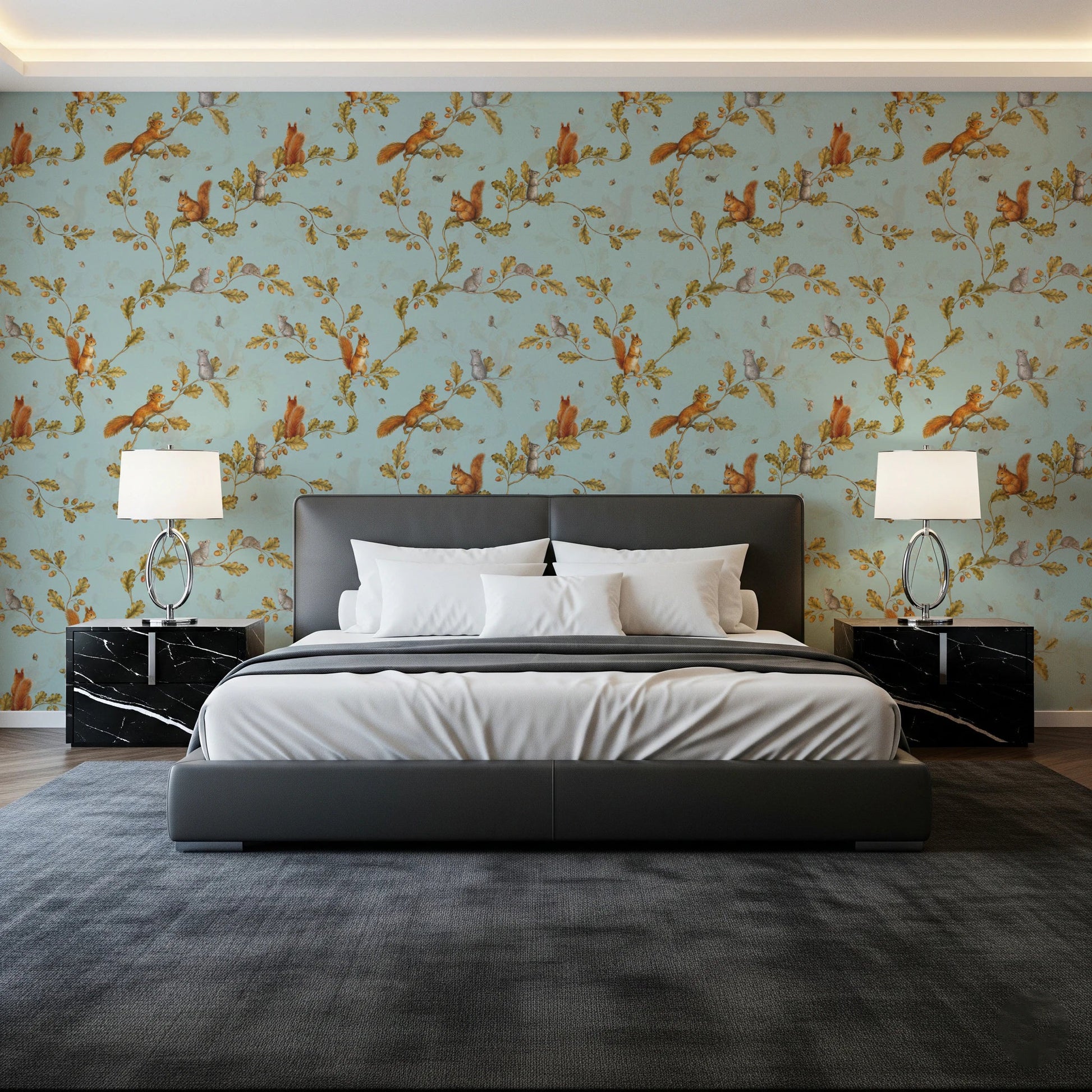 18th Rococo Forest Chinoiserie with Squirrels and Mice on Oak Tree Branches teal Wallpaper⁠