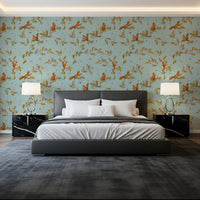 18th Rococo Forest Chinoiserie with Squirrels and Mice on Oak Tree Branches teal Wallpaper⁠