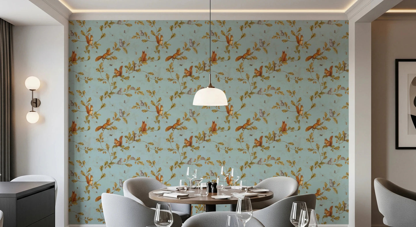 18th Rococo Forest Chinoiserie with Squirrels and Mice on Oak Tree Branches teal Wallpaper⁠