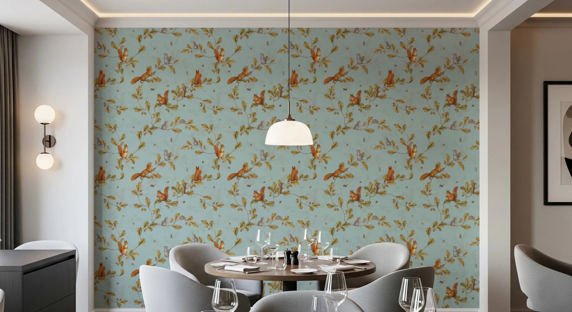 18th Rococo Forest Chinoiserie with Squirrels and Mice on Oak Tree Branches teal Wallpaper⁠
