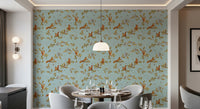 18th Rococo Forest Chinoiserie with Squirrels and Mice on Oak Tree Branches teal Wallpaper⁠