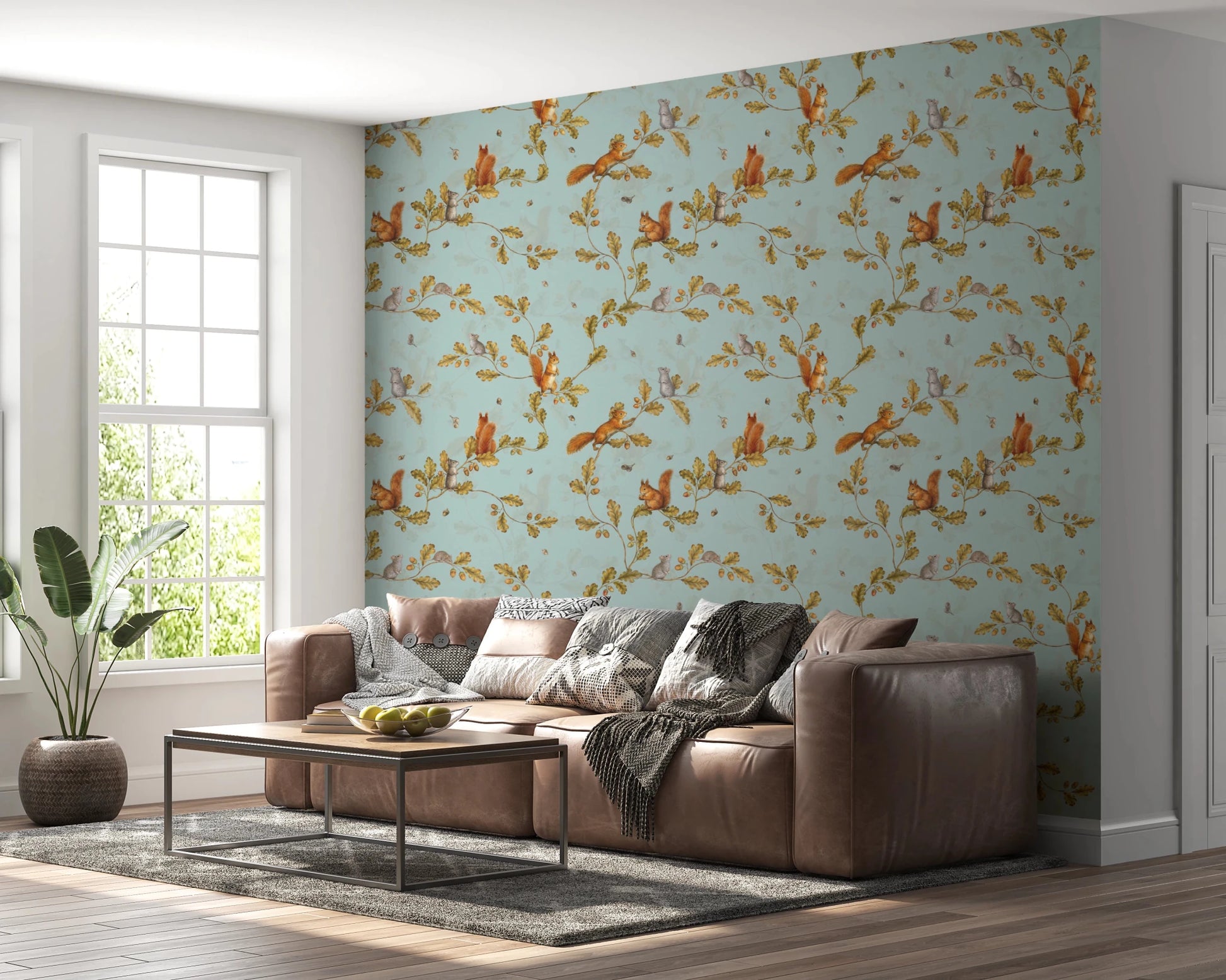 18th Rococo Forest Chinoiserie with Squirrels and Mice on Oak Tree Branches teal Wallpaper⁠