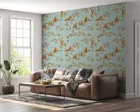 18th Rococo Forest Chinoiserie with Squirrels and Mice on Oak Tree Branches teal Wallpaper⁠
