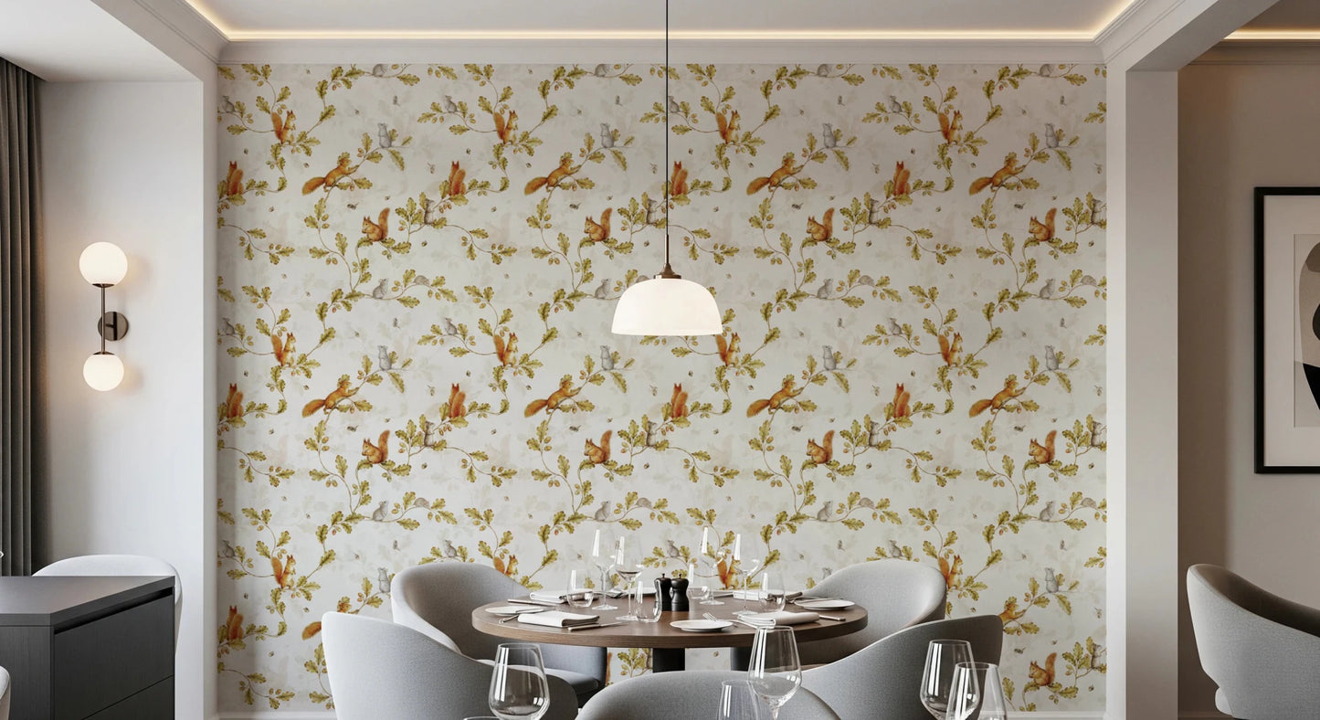 18th Rococo Forest Chinoiserie with Squirrels and Mice on Oak Tree Branches Wallpaper⁠