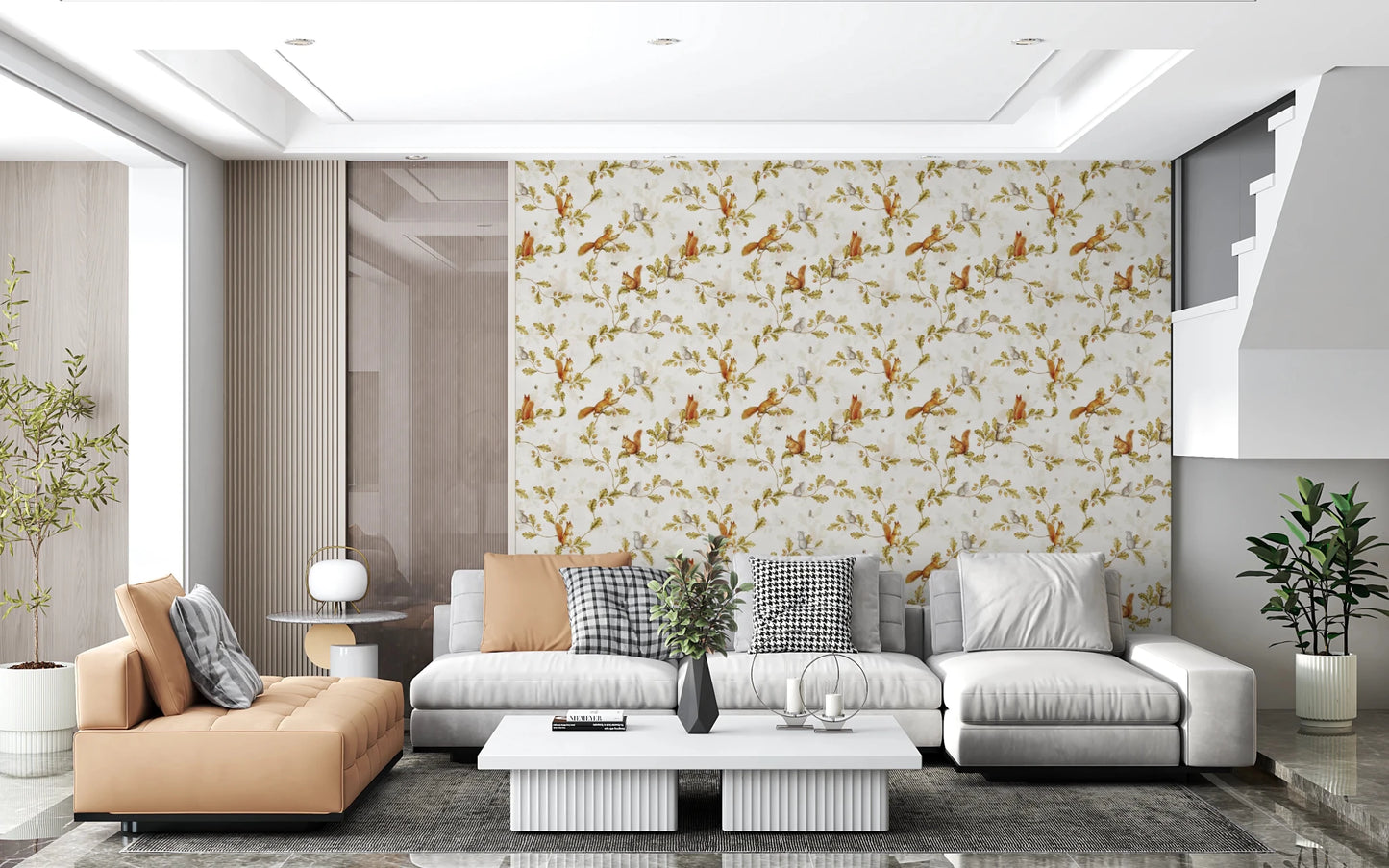 18th Rococo Forest Chinoiserie with Squirrels and Mice on Oak Tree Branches Wallpaper⁠