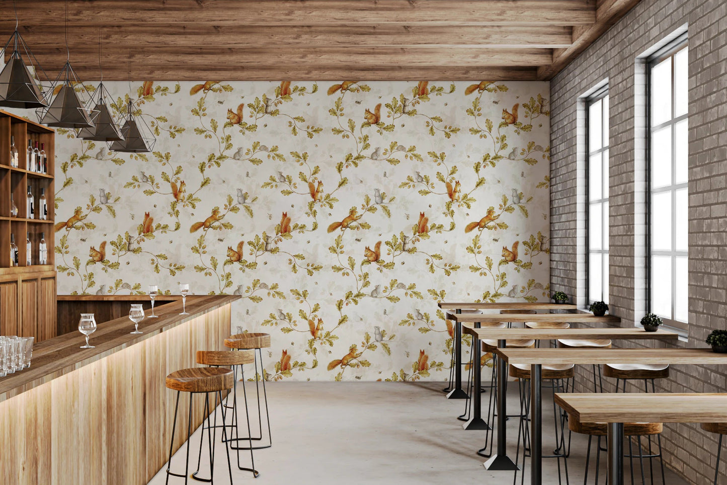 18th Rococo Forest Chinoiserie with Squirrels and Mice on Oak Tree Branches Wallpaper⁠