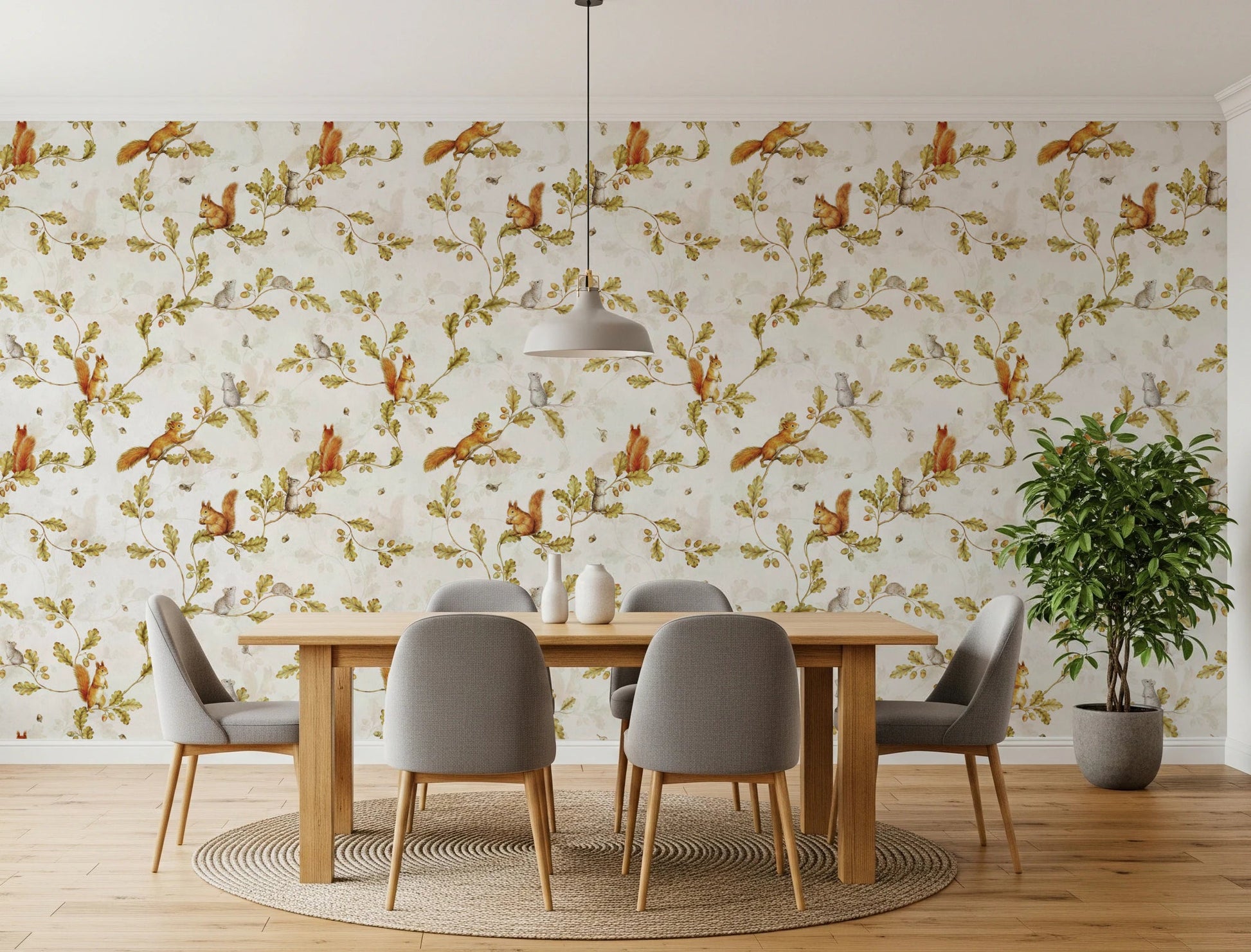 18th Rococo Forest Chinoiserie with Squirrels and Mice on Oak Tree Branches Wallpaper⁠
