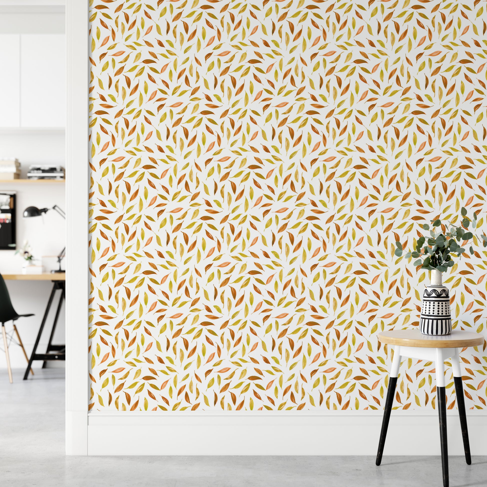 Peel and stick wallpaper with autumn leaf pattern


