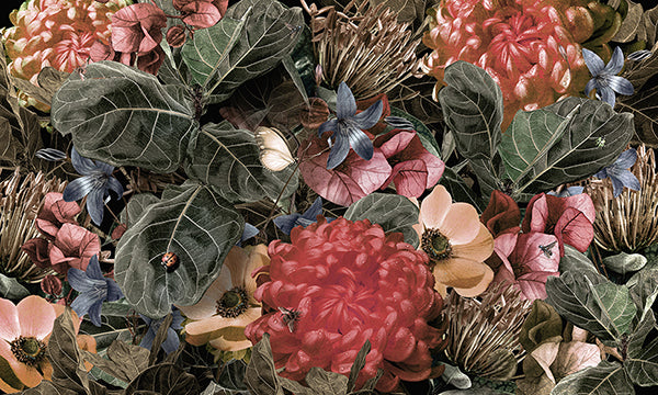 Red Green Tropical Leaves & Floral Wallpaper Mural