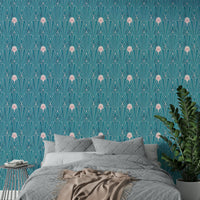 Statement wallpaper with teal backdrop and Deco lines

