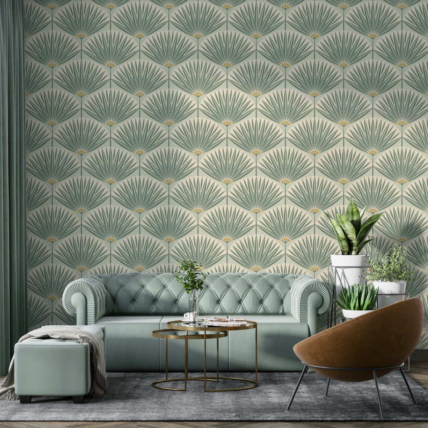 Jungle-style wallpaper with botanical leaf patterns


