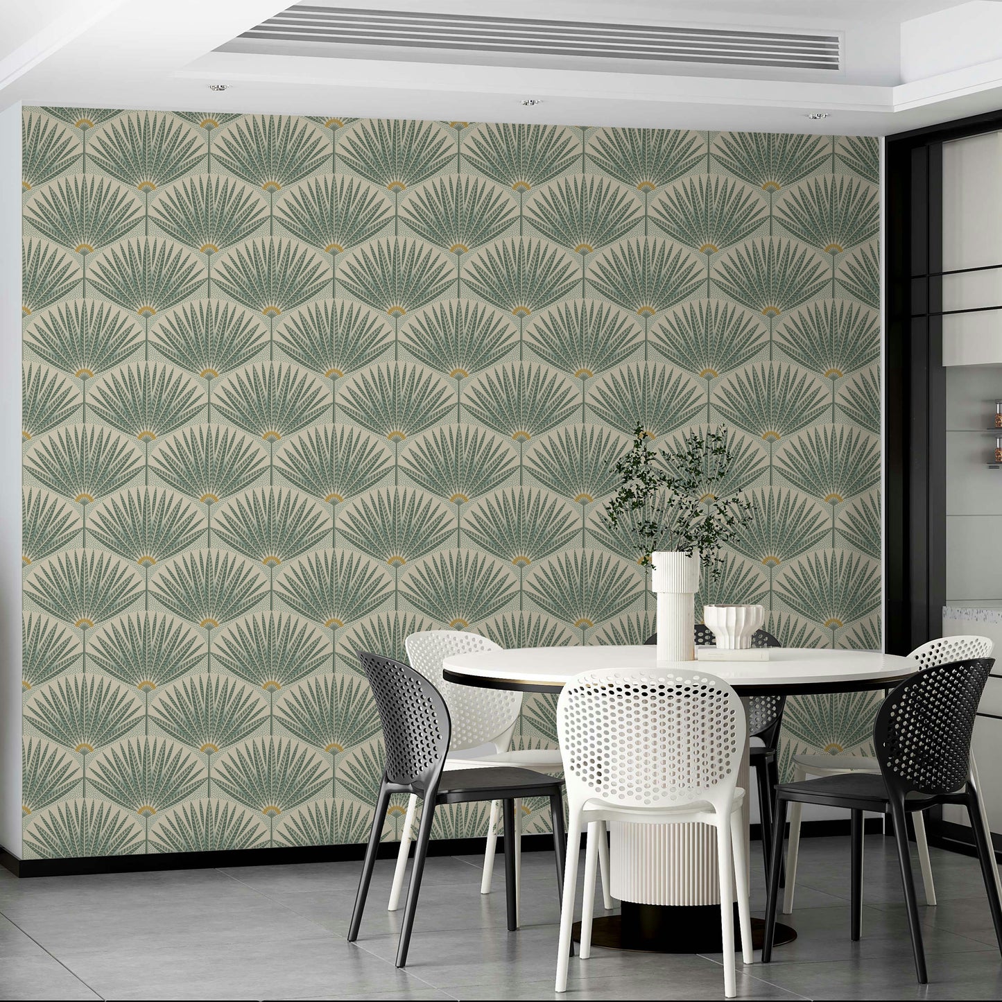 Tropical wall mural with calming green tones


