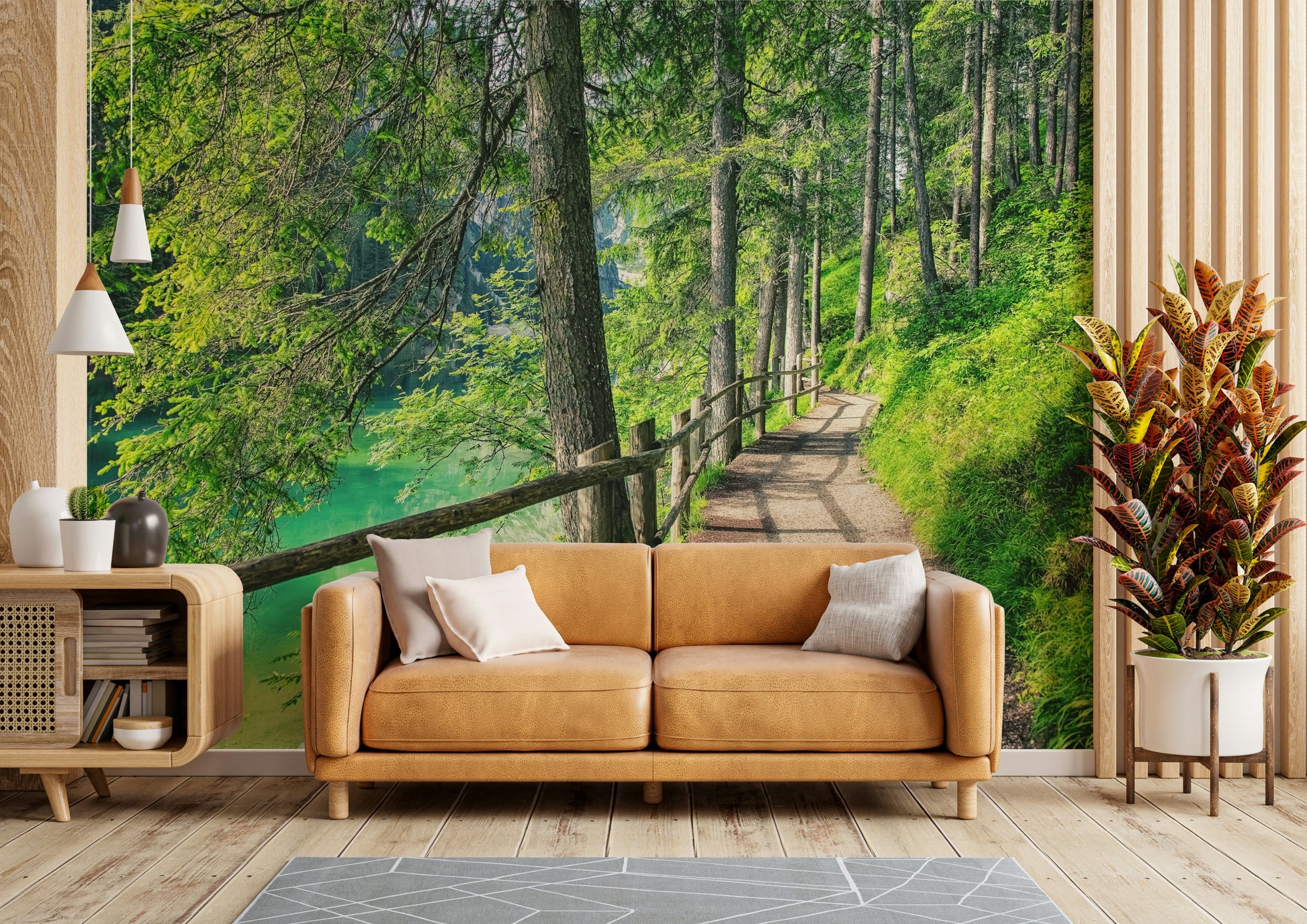 Peel and stick lake wallpaper with reflective water

