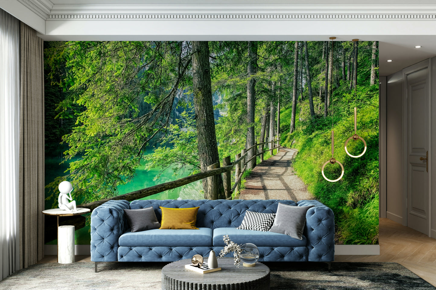 Emerald lake and woodland mural for calming spaces

