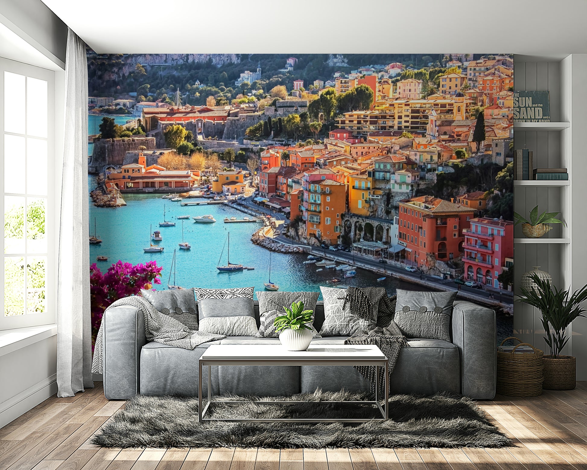 Peel and stick mural of Mediterranean village and ocean

