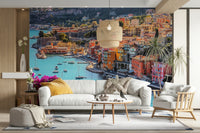 Sunlit coastal mural with European seaside view

