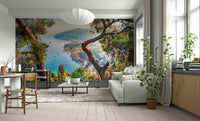 Elegant mural of French seaside town and hills

