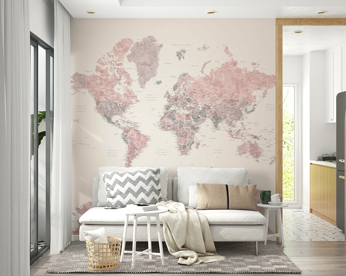Decorative dusty rose map wallpaper with soft detailing

