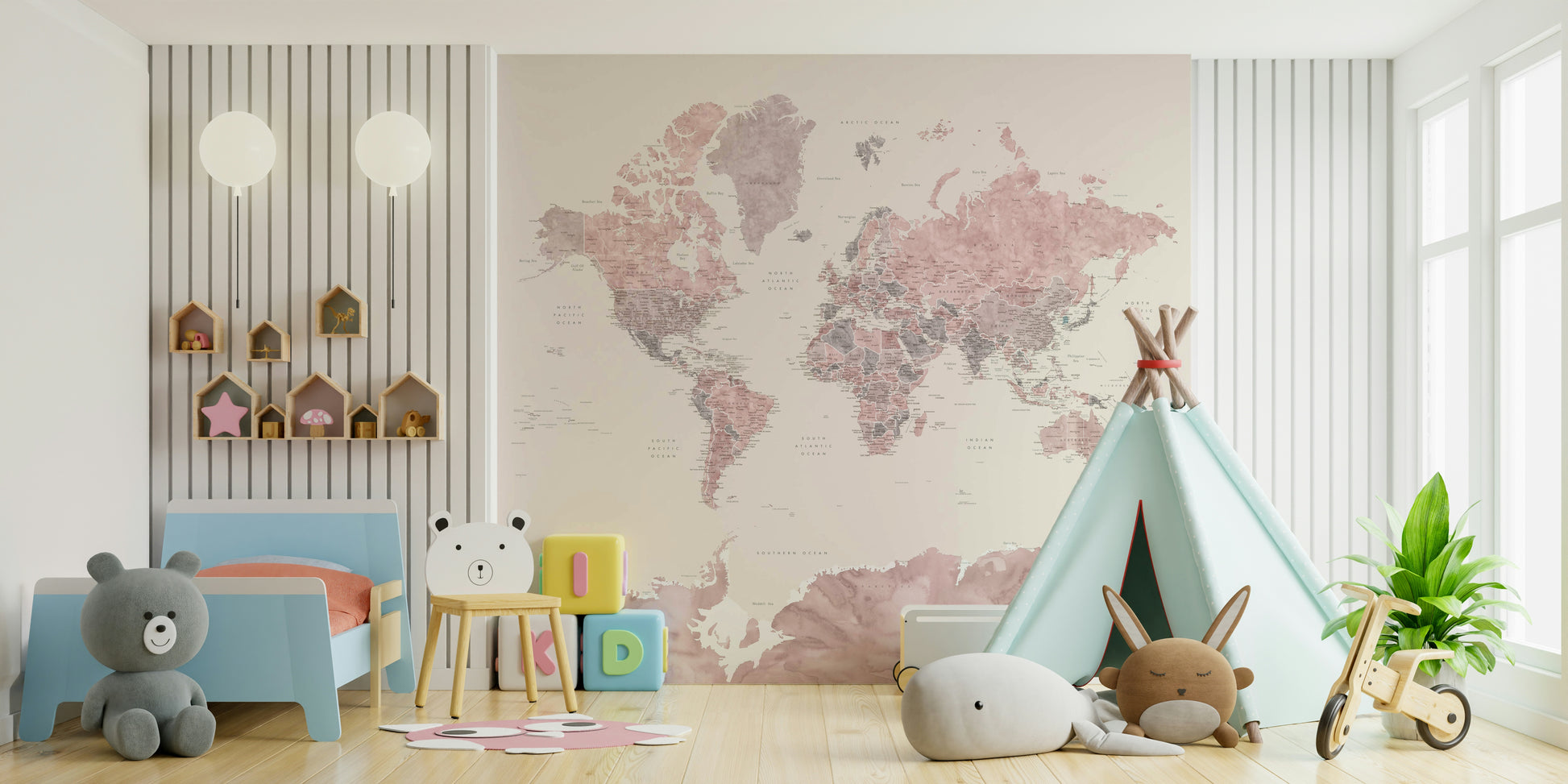 Soft pink watercolor map mural with global design

