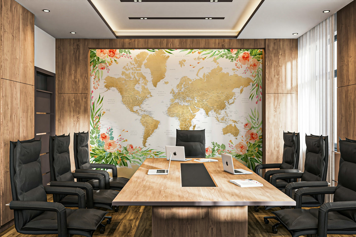 Boho world map mural featuring flowers and nature tones

