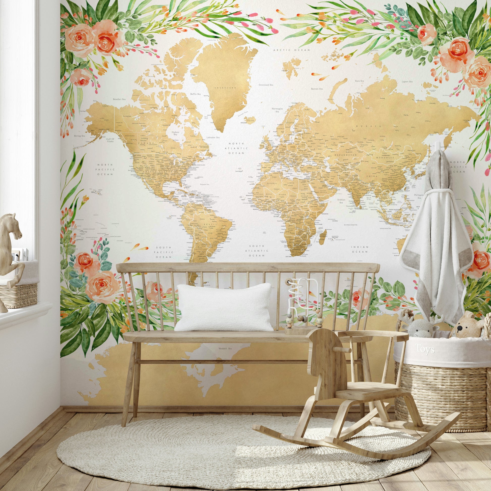 Floral and map fusion mural for creative wall décor

