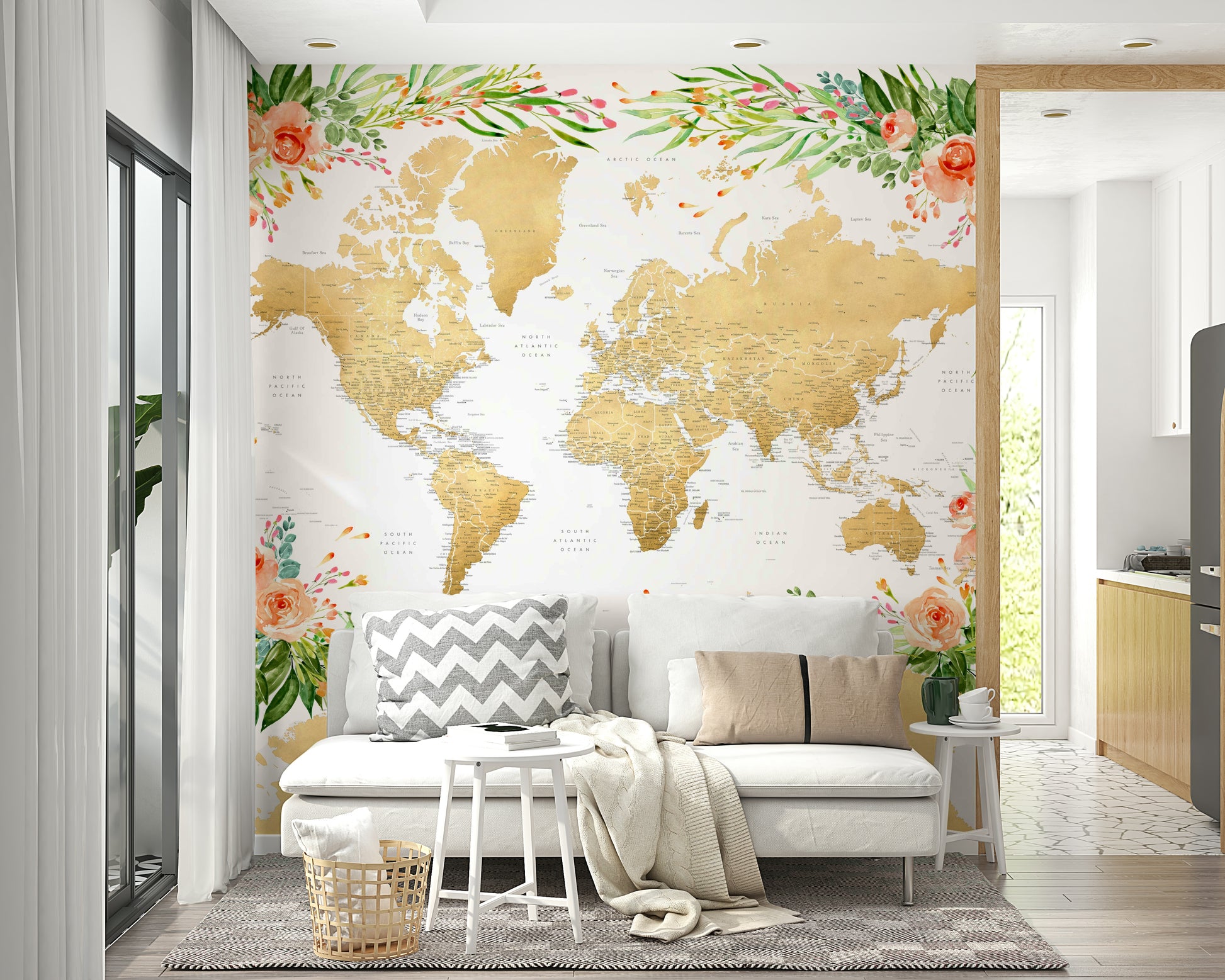 Boho chic wallpaper with floral world map print

