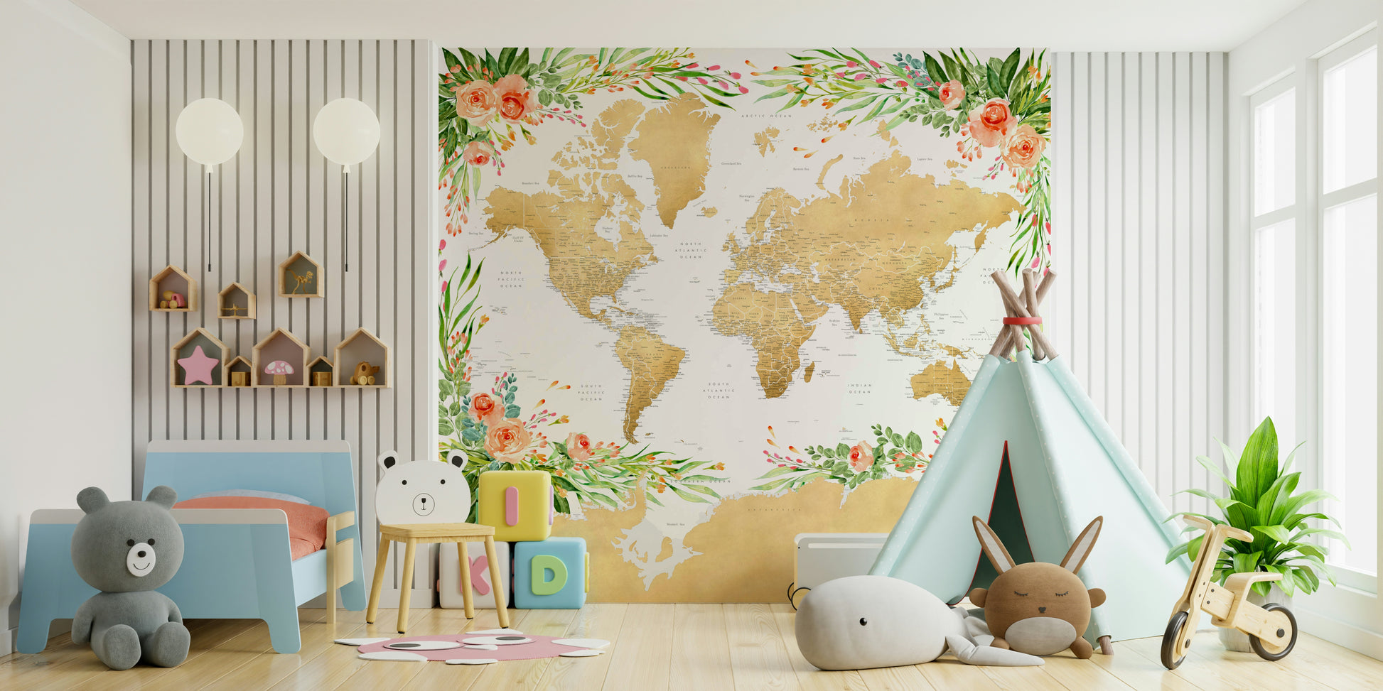 Watercolor floral map mural with bohemian design

