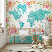 Teal-toned global map mural for modern spaces

