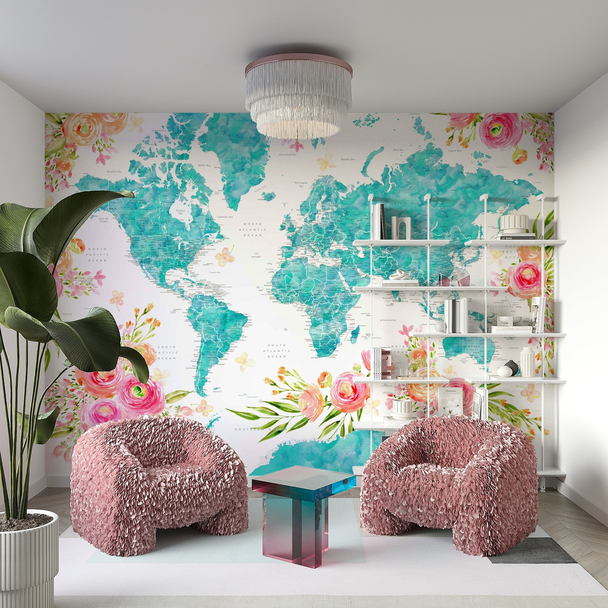 Teal watercolor world map wallpaper for calming interiors

