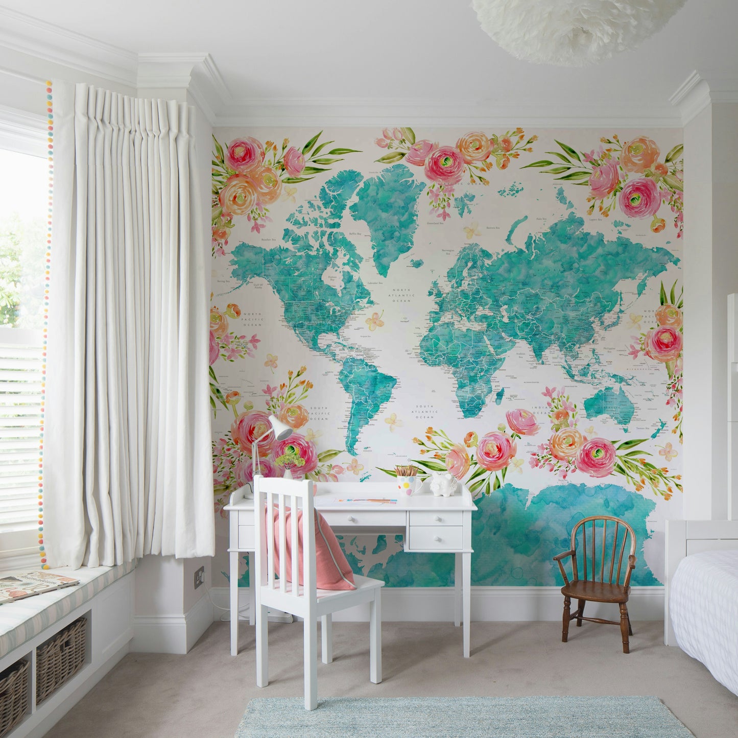 Peel and stick teal map wallpaper with global design

