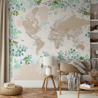 Rustic style wallpaper with antique world map layout


