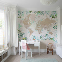 Classic world map mural in weathered wood-like finish

