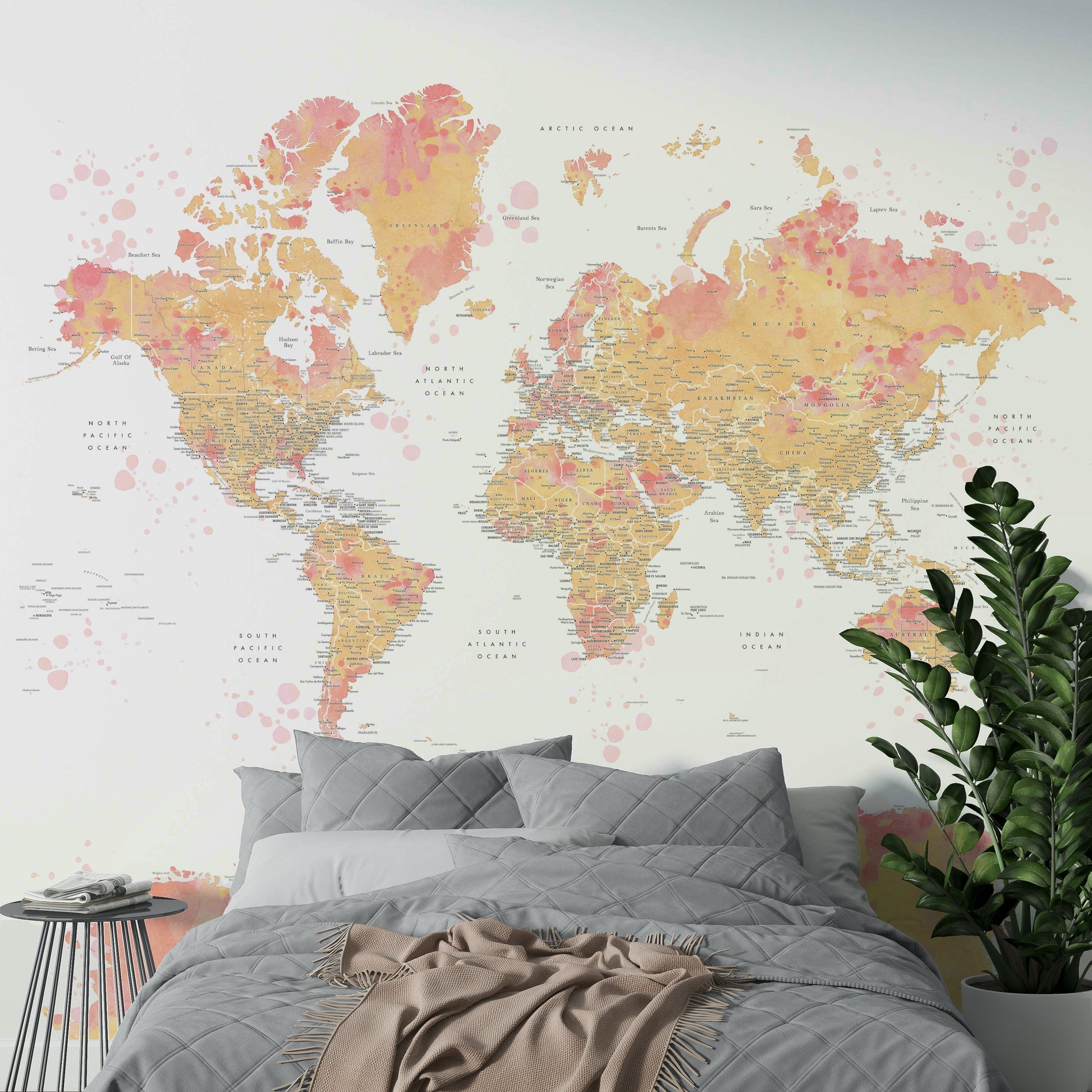 Stylish blush map design for serene, chic walls

