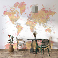 Elegant world map mural with light blush wash

