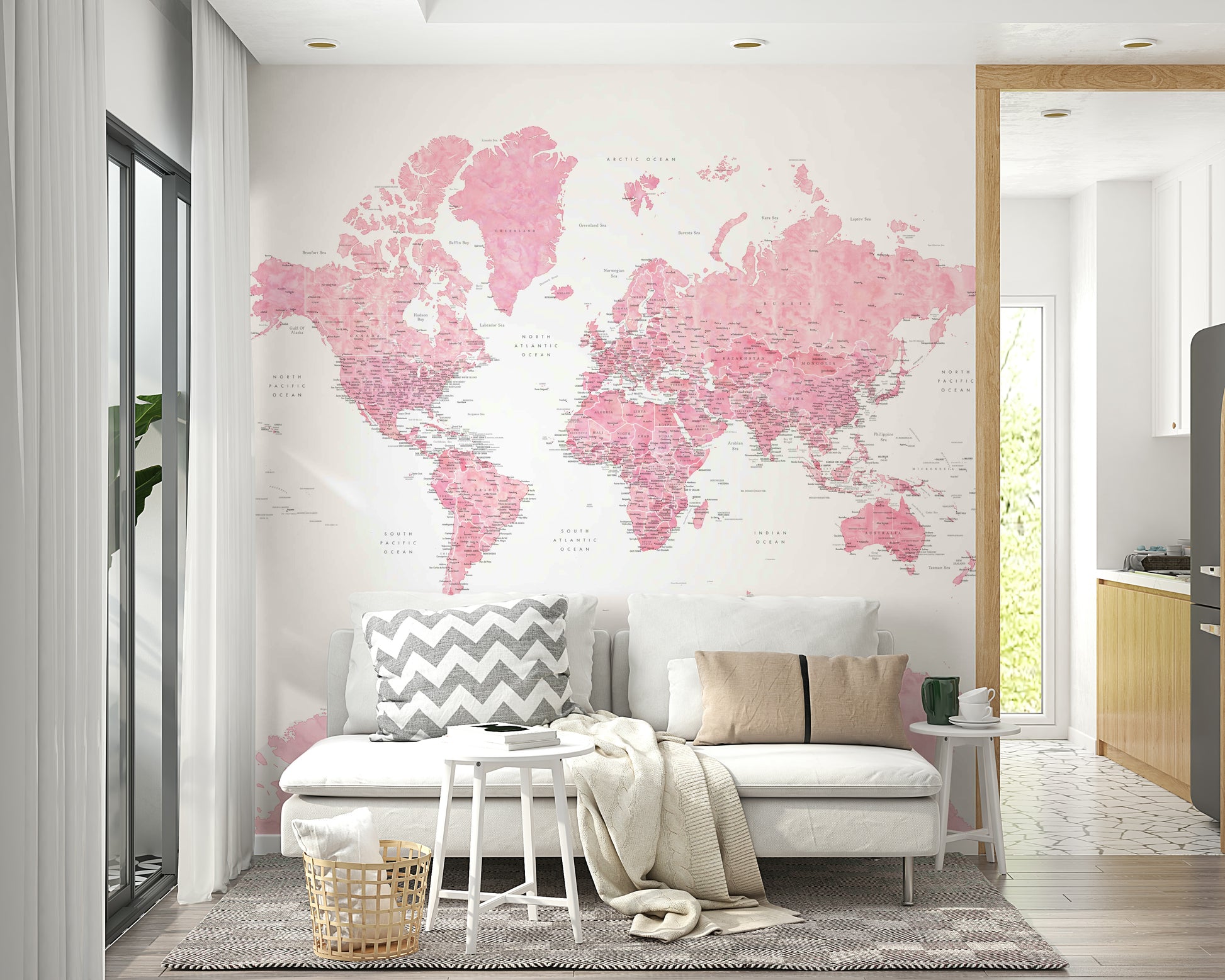 Soft pink map wallpaper with hand-painted effect

