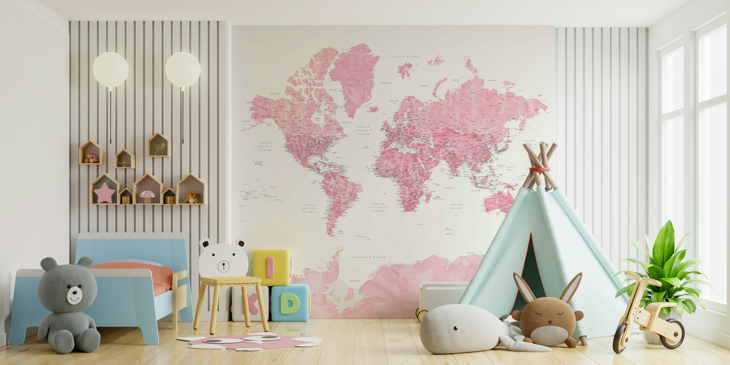 Artistic watercolor-style pink map for kids’ rooms

