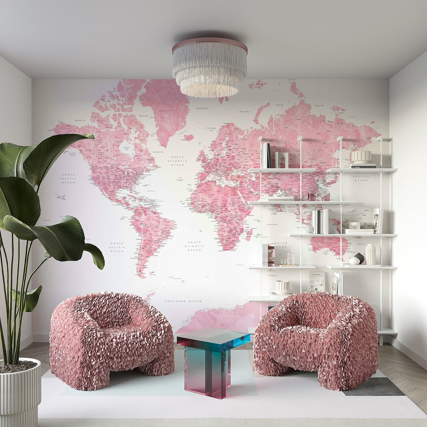 Pink watercolor world map wallpaper for girls’ rooms

