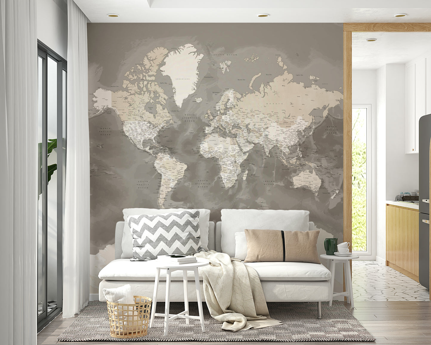 Warm brown watercolor wallpaper featuring world map

