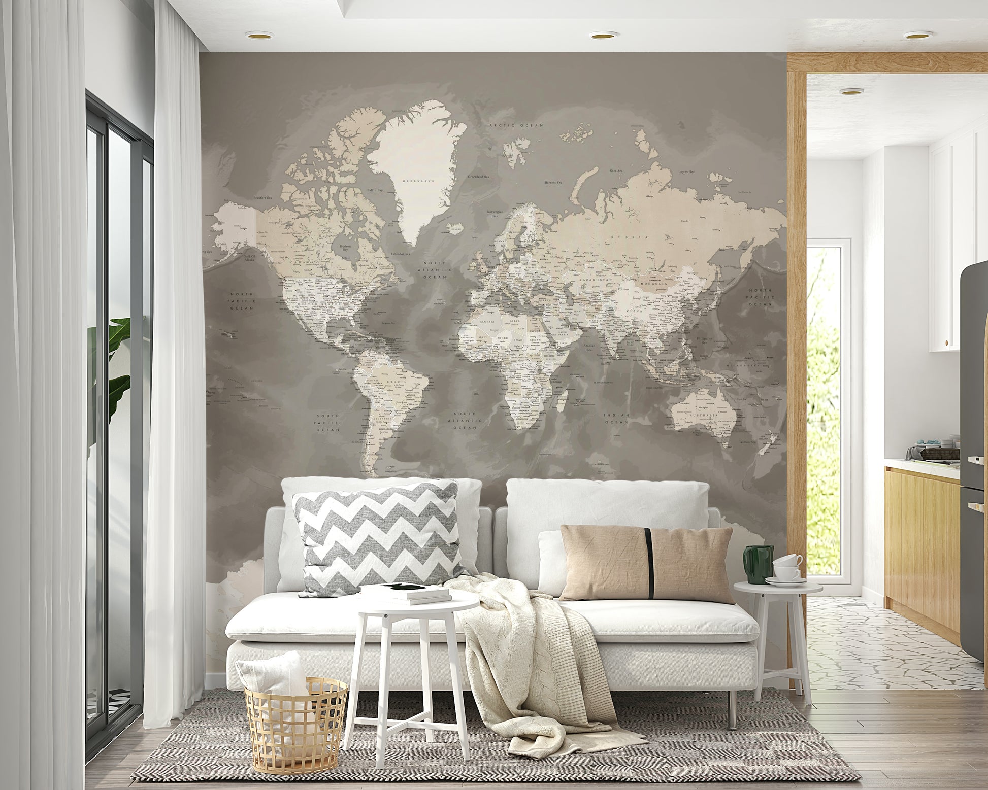 Warm brown watercolor wallpaper featuring world map


